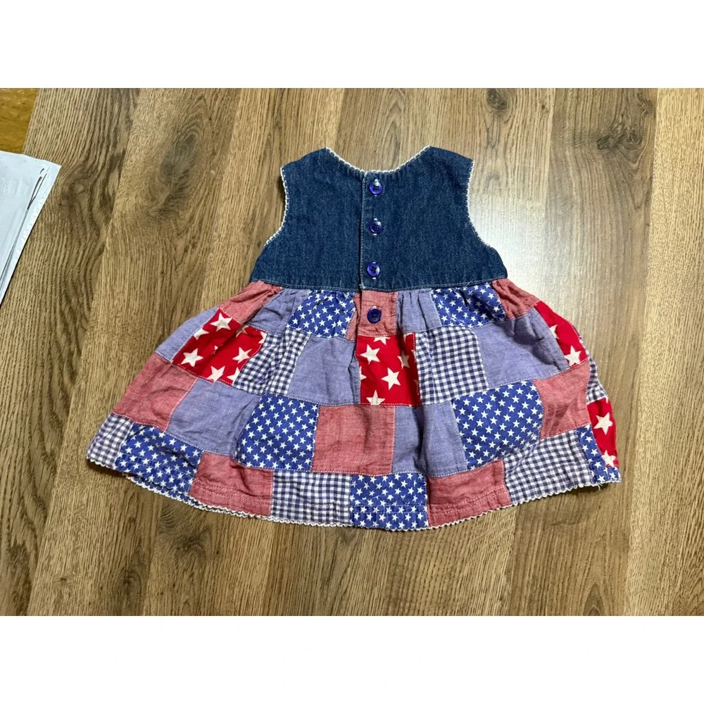 Unbranded Dress Girls Size 12M Blue Red White Patchwork Denim Stars Sleeveless